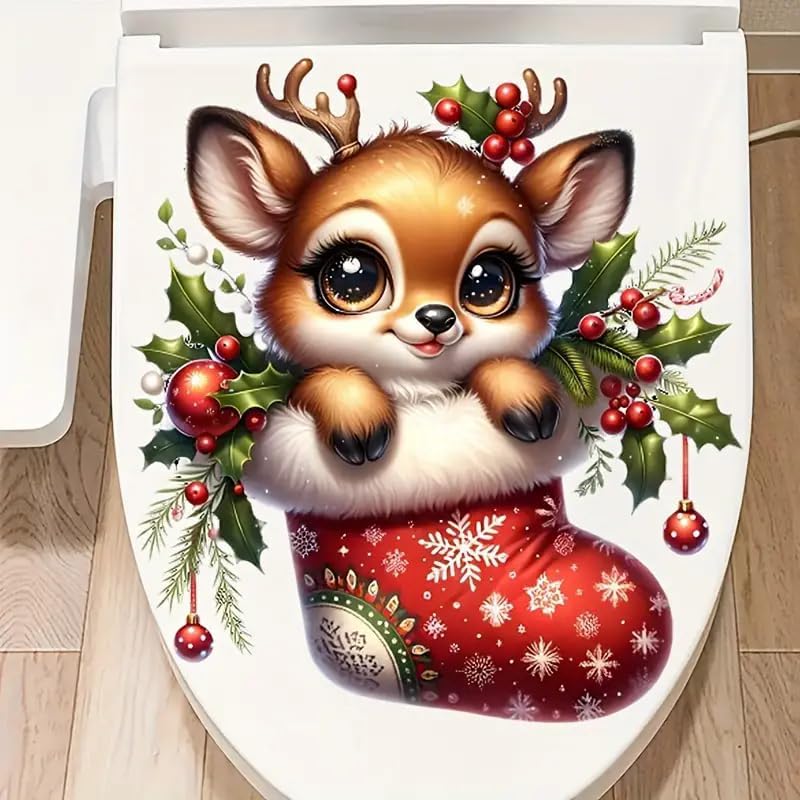DIDOSOFT Christmas Deer Sock Toilet Cover Sticker Decals,Fish Bird Flower Leaf Waterproof Toilet Lid Tank Seat Decals Cistern Self-Adhesive Bathroom Wall Sticker - Image 2